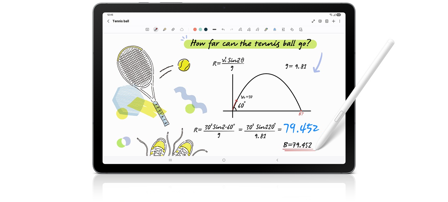 El S Pen se utiliza en la aplicación Notas del Galaxy Tab S10 Lite para anotar una ecuación matemática y Solve Math proporciona automáticamente la solución.