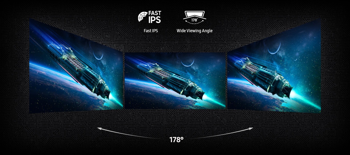 Tres monitores colocados uno al lado del otro proporcionan un ángulo de visión de 178°. Iconos Fast IPS y Wide Viewing Angle (ángulo de visión amplio).