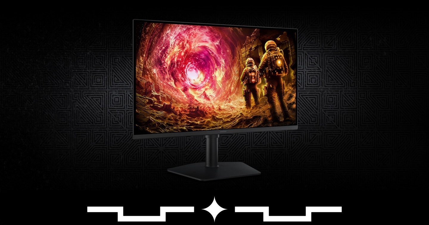 Una pantalla de monitor muestra a dos personajes vestidos con traje dirigiéndose hacia un portal rosa.