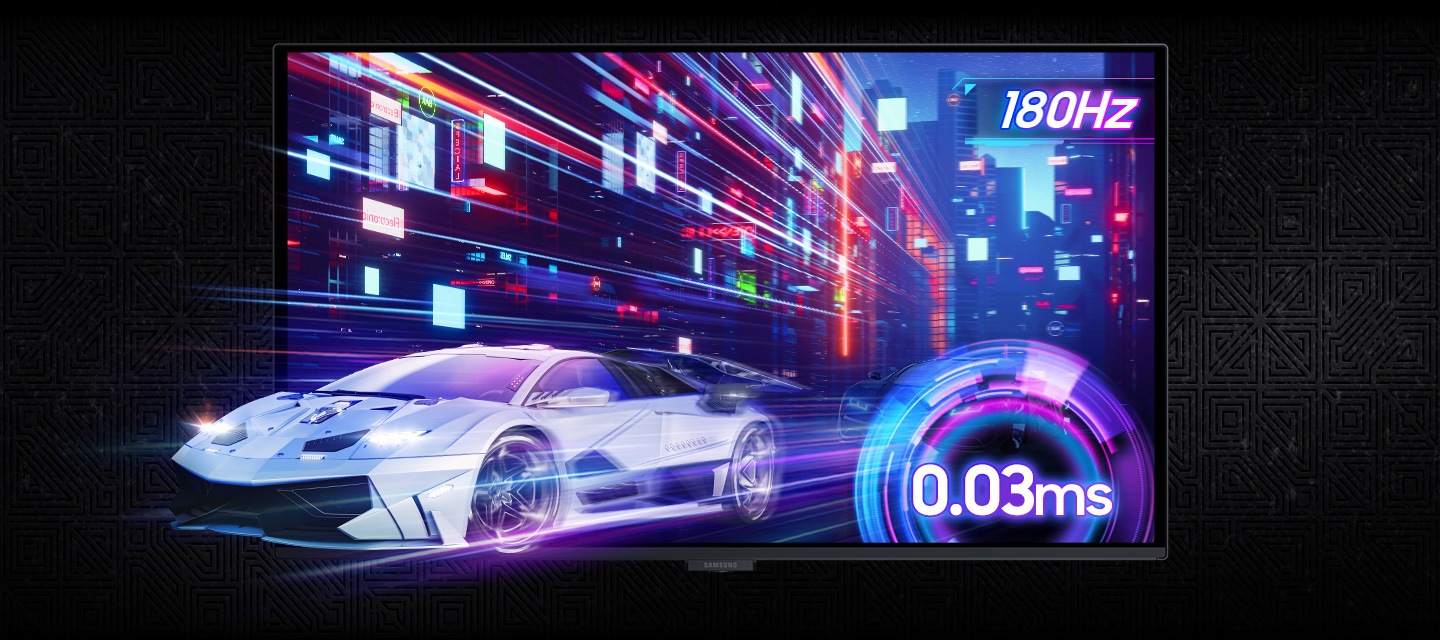 Un coche de carreras sale disparado de la pantalla. Frecuencia de actualización de 180 Hz y tiempo de respuesta de 0,03 ms.