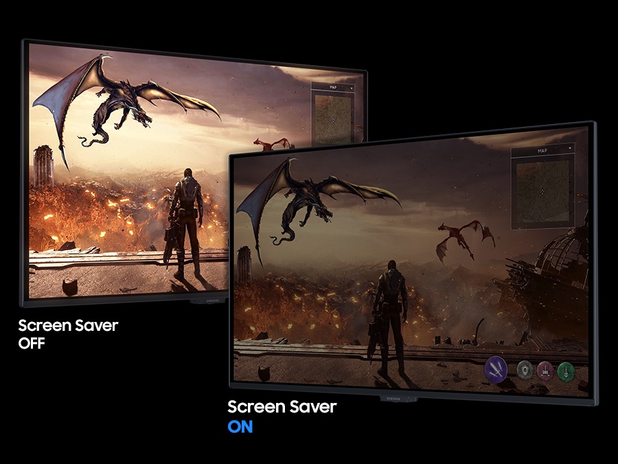 Una pantalla brillante y otra atenuada muestran dragones volando sobre el personaje. En una se lee «Protector de pantalla desactivado» y en la otra «Protector de pantalla activado».
