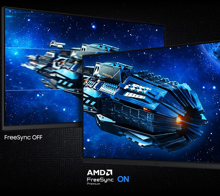 Dos pantallas muestran una nave espacial en el espacio. FreeSync OFF muestra una imagen más entrecortada que AMD FreeSync Premium ON. Logotipo de AMD FreeSync Premium.