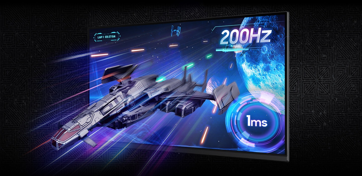 Una nave espacial sale disparada de la pantalla del monitor. Frecuencia de actualización de 200 Hz y tiempo de respuesta de 1 ms.