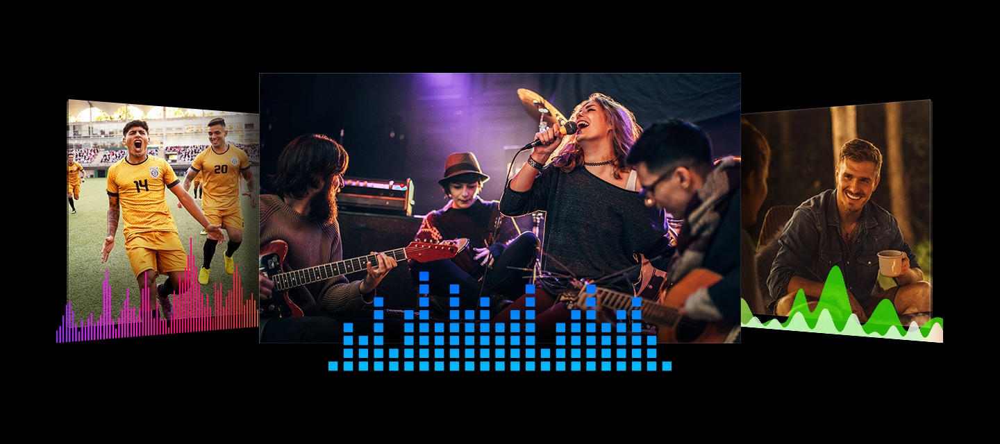 Tres escenas diferentes de un partido de fútbol, un concierto y un espectáculo. Cada escena tiene un espectro de audio diferente.