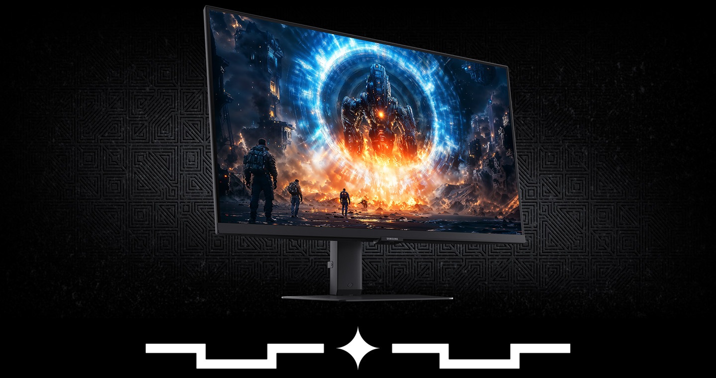 Pantalla épica. Juego épico. El monitor muestra a los soldados observando cómo un enemigo gigante emerge del portal.