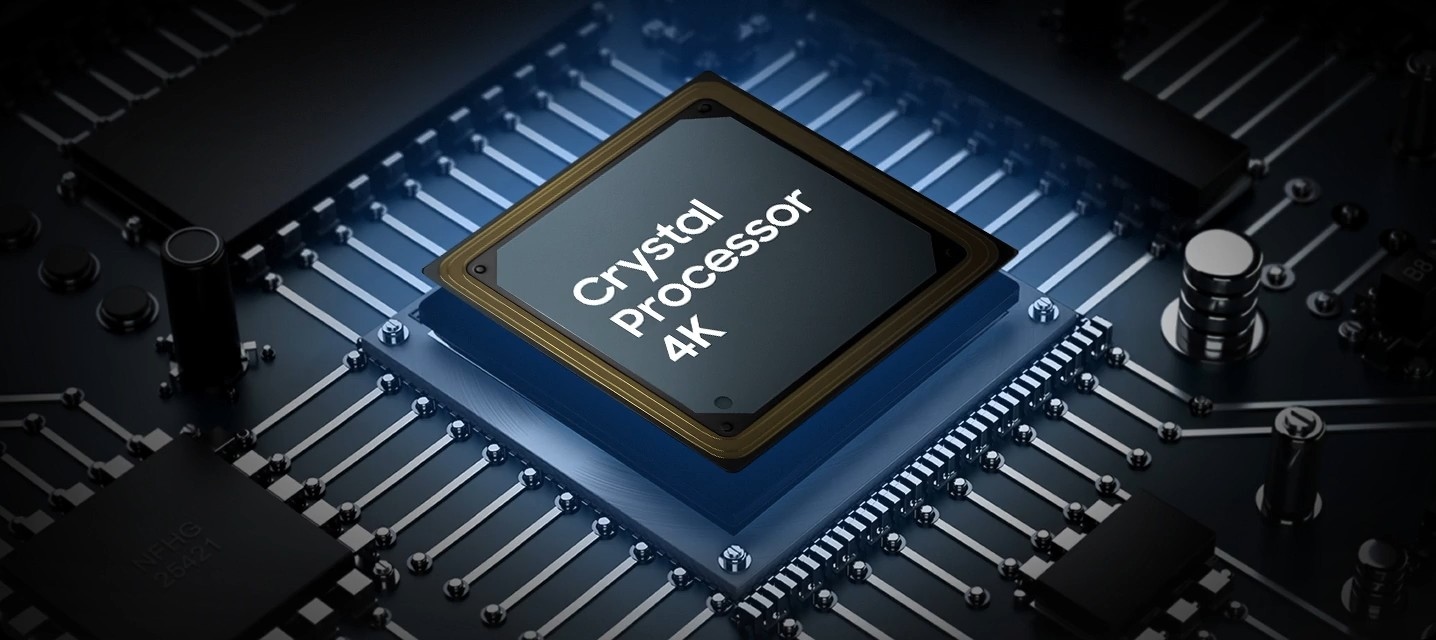 Chip Crystal Processor 4K sobre un fondo azul metalizado