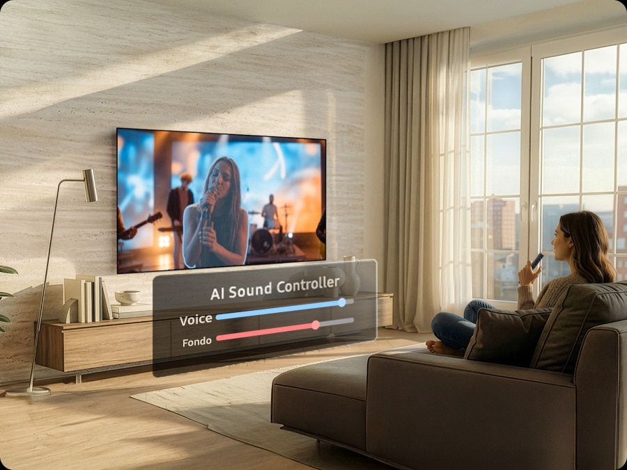 Living con un televisor mostrando el control de AI Sound Controller con las pistas de voz y fondo