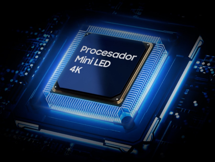 Chip Procesador Mini LED 4K sobre un fondo azul