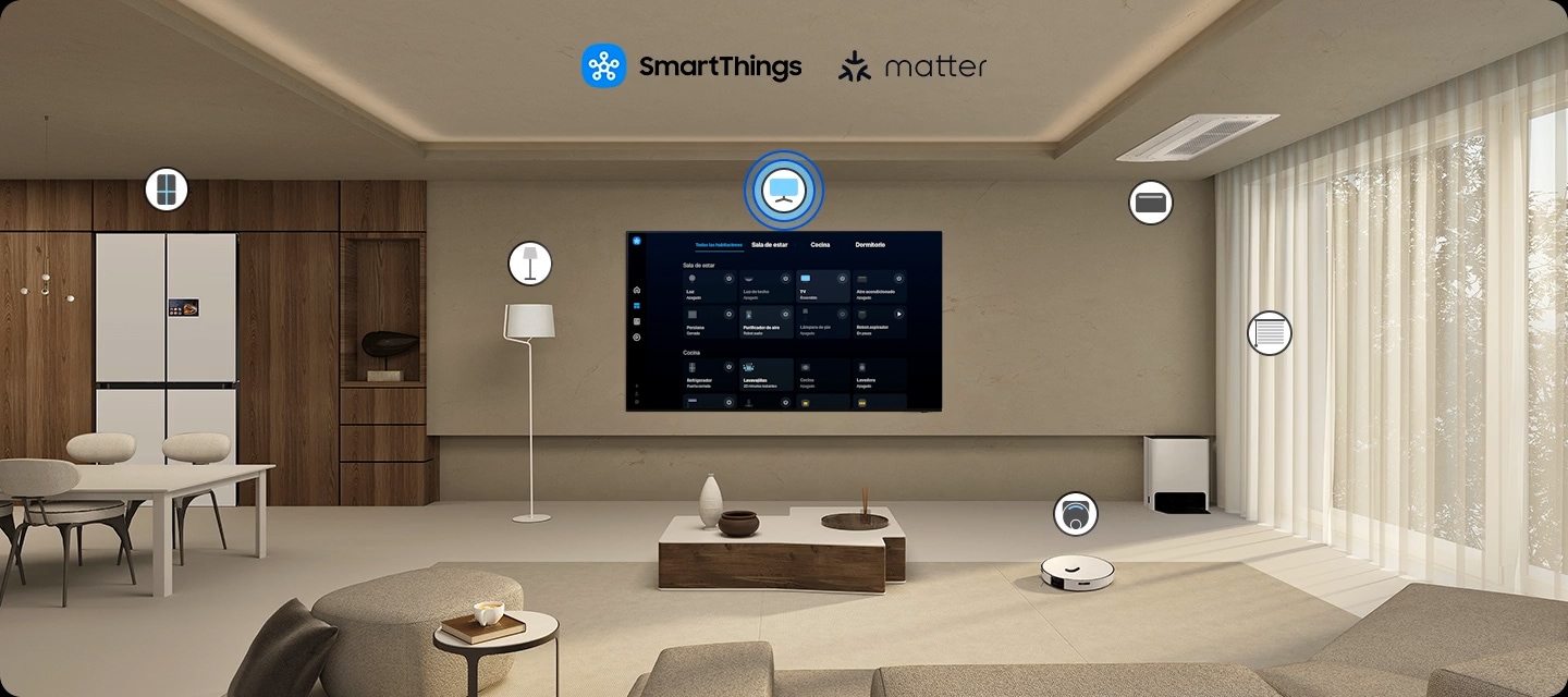 Living con televisor y electrodomésticos conectados mostrando los logos de SmartThings y Matter