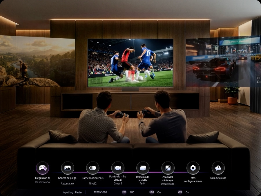 Personas jugando un videojuego de fútbol frente a un televisor con la barra de juego en pantalla