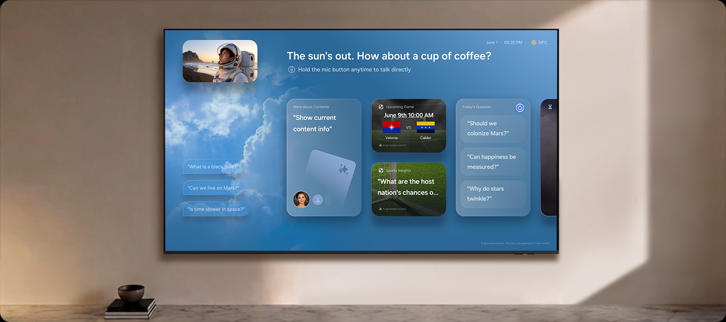 Televisor Samsung en la pared mostrando tarjetas de Vision AI Companion sobre un fondo celeste