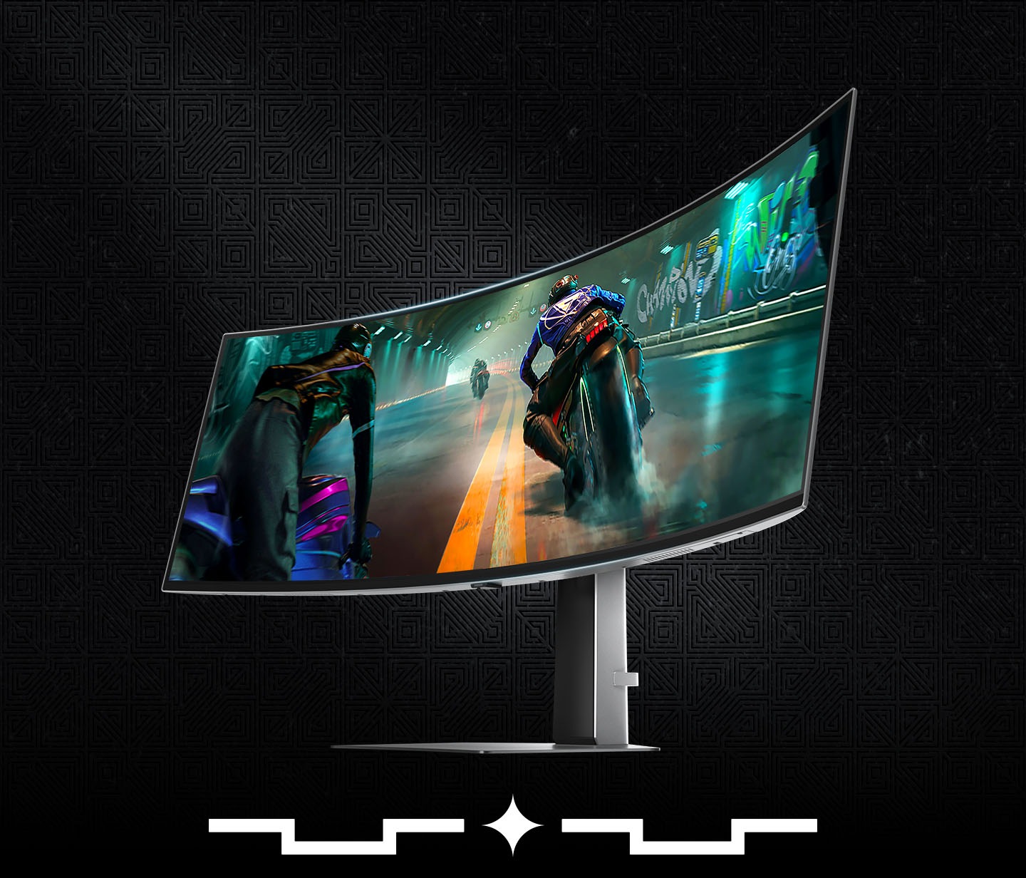 Hay un monitor Odyssey OLED G9 en un ángulo dinámico.