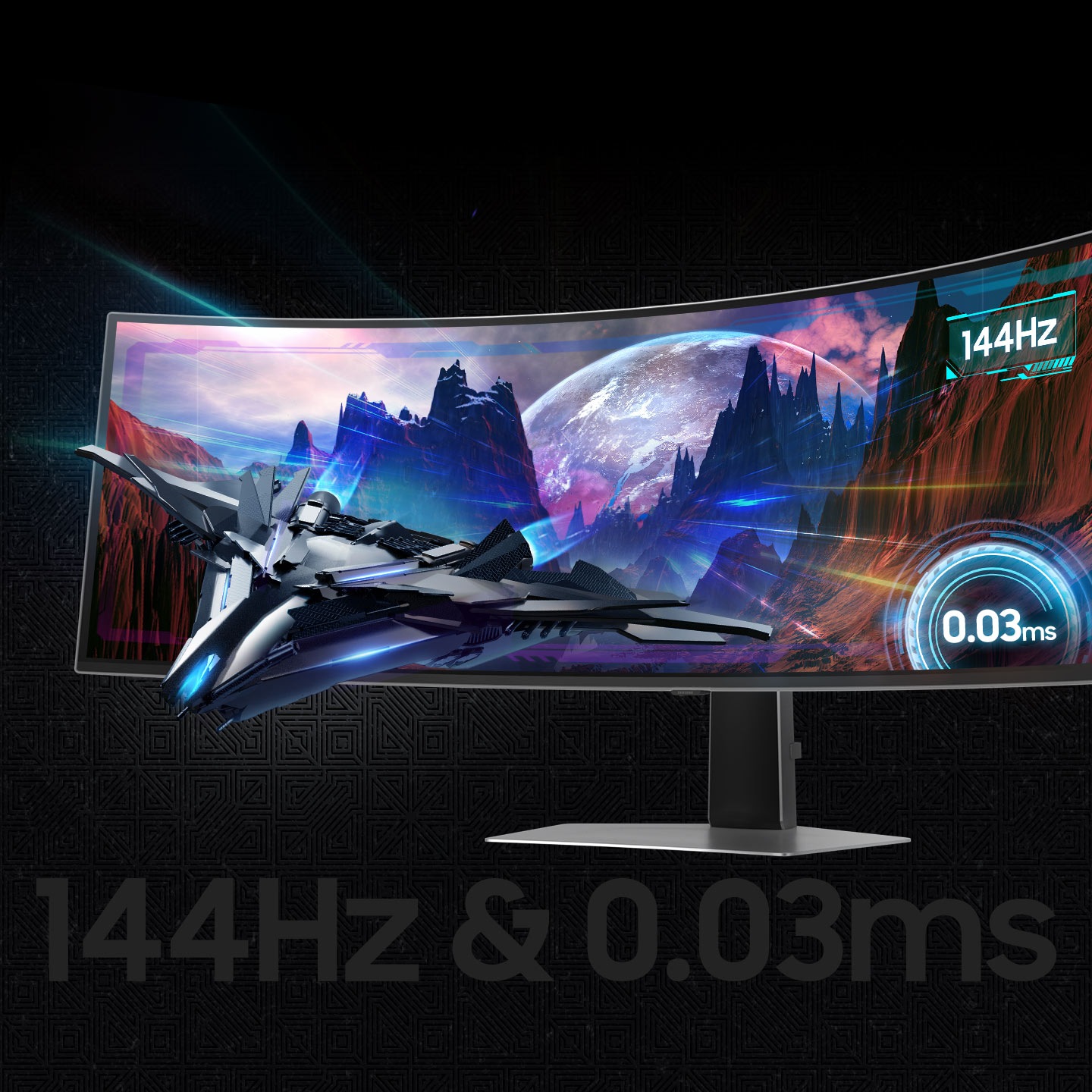 Hay una nave espacial con gráficos de 0.03ms y 144Hz en la pantalla de un monitor.