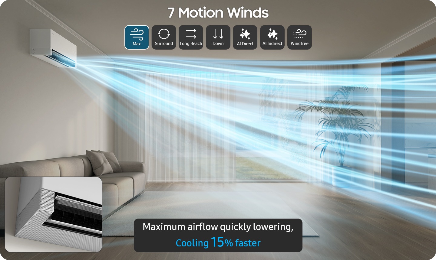 El aire acondicionado está instalado en la pared sobre el sofá de la sala y funciona con siete modos de ventilación: Max, Surround, Long Reach, Down, AI Direct, AI Indirect y WindFree. Max: flujo de aire máximo para bajar la temperatura rápidamente, enfriando un 15 % más rápido. Primer plano en el que se ven todas las aspas completamente abiertas.