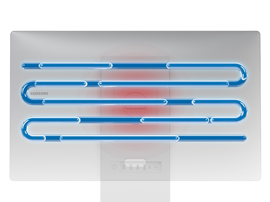 La imagen es un diagrama conceptual del sistema de enfriamiento de un monitor. Sobre una silueta borrosa de la parte trasera de un monitor, se muestra un tubo azul en forma de serpiente, que representa un sistema de enfriamiento interno.