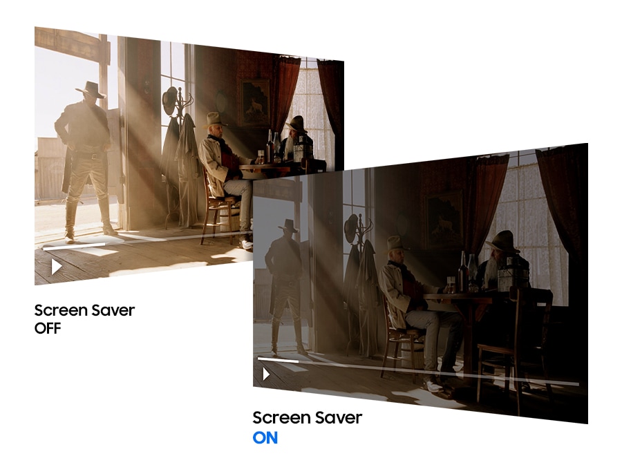 La imagen compara dos pantallas que muestran la misma escena de una película del viejo oeste. La pantalla superior, etiquetada como 'Screen Saver OFF', tiene una iluminación y contraste normales. La pantalla inferior, etiquetada como 'Screen Saver ON', muestra la misma escena en un tono más oscuro, sugiriendo un modo de ahorro de energía.