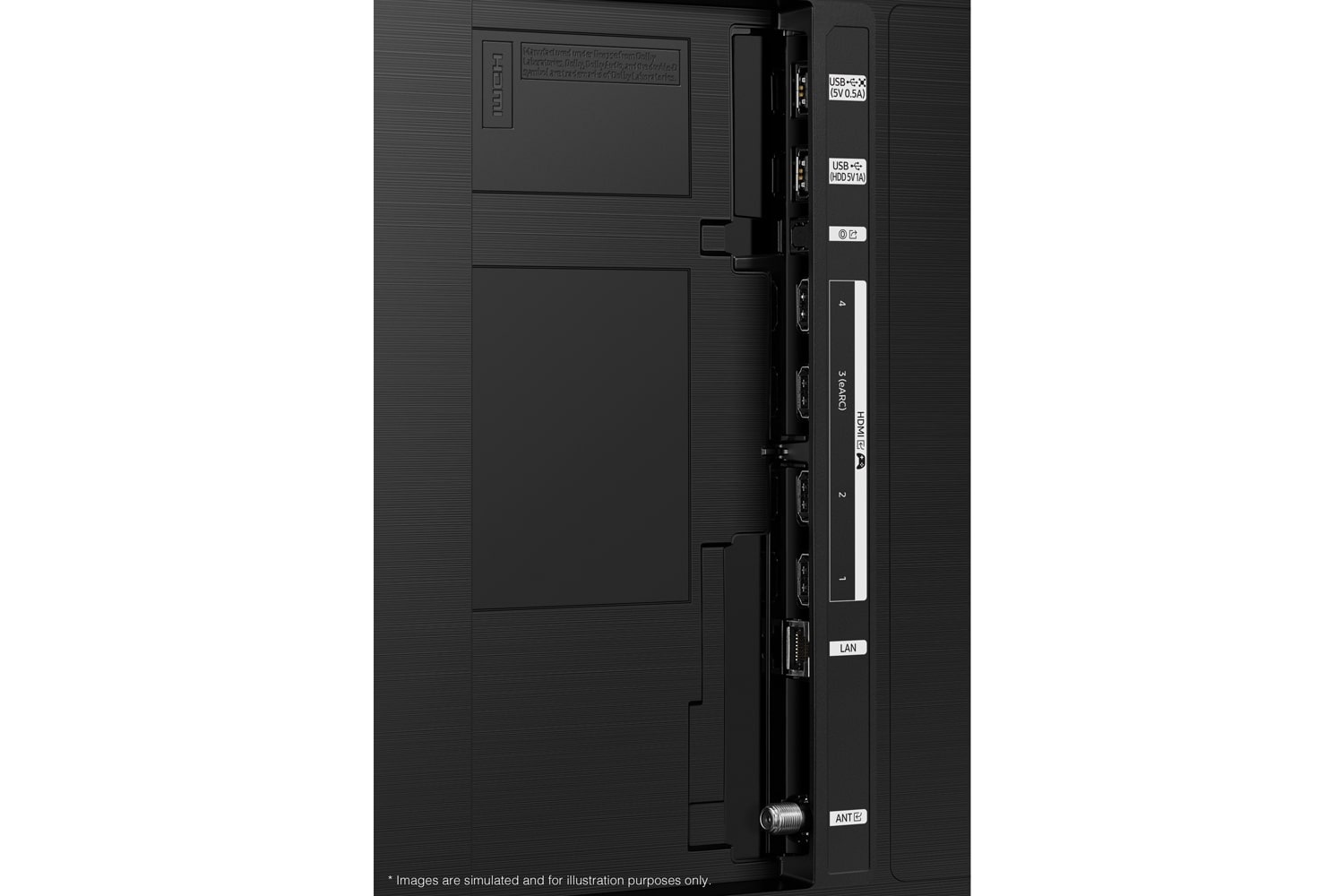  Samsung 2024 QLED 4K Q70D tiene puertos USB, HDMI, LAN, antena, etc. en el lateral.