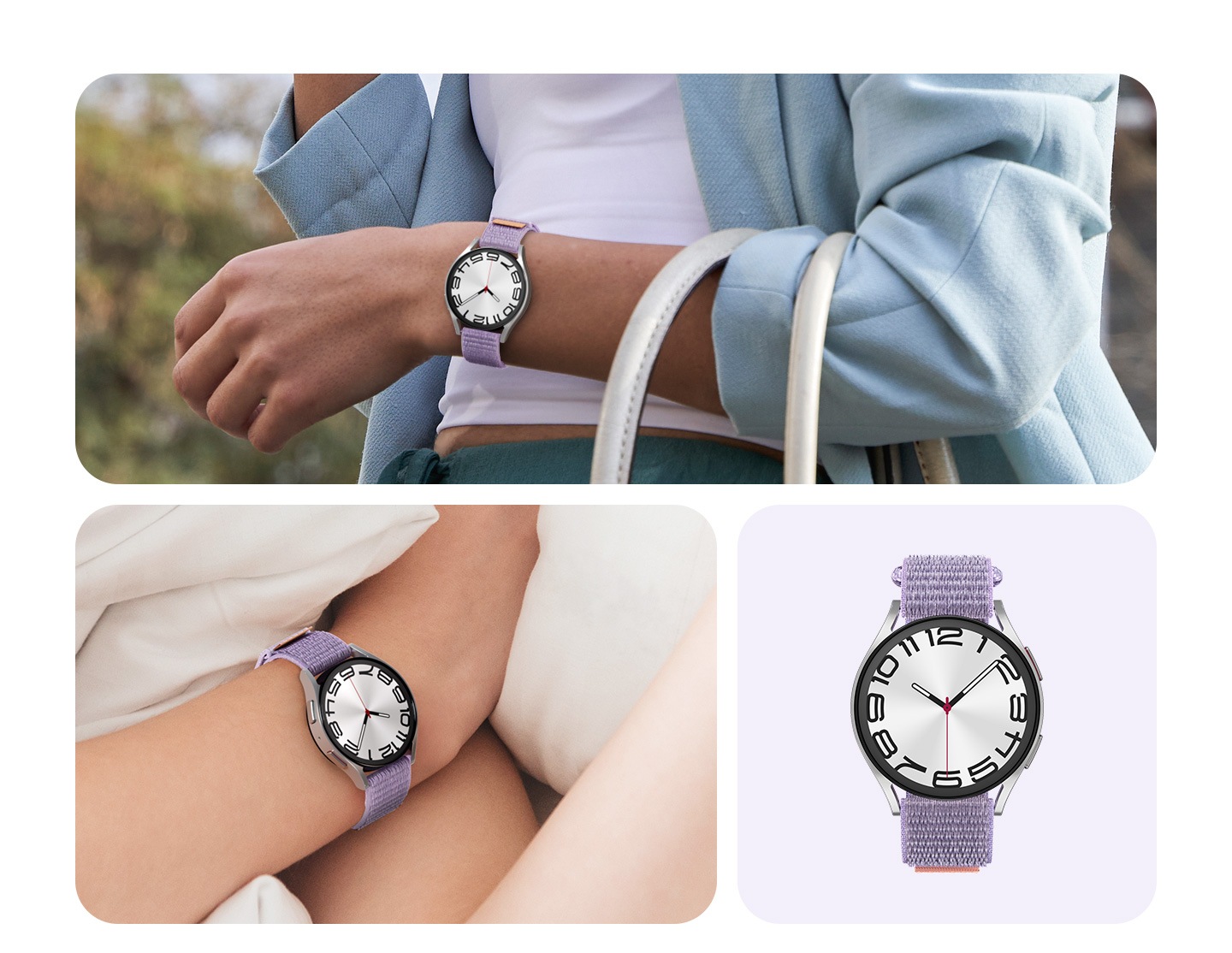 Una persona con un atuendo semicasual lleva una bolsa y un dispositivo Galaxy Watch6 unido a una fina correa de tela. Una persona acostada que lleva un Galaxy Watch6 con una fina correa de tela. Vista frontal de un Galaxy Watch6 con una fina correa de tela.