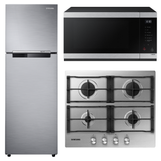 Nevera Congelador Superior All Around Cooling 256L + Estufa de Empotrar a Gas Doble Quemador Rápido 4 Puestos + Microondas Descongelado Rápido 23L Gris Claro