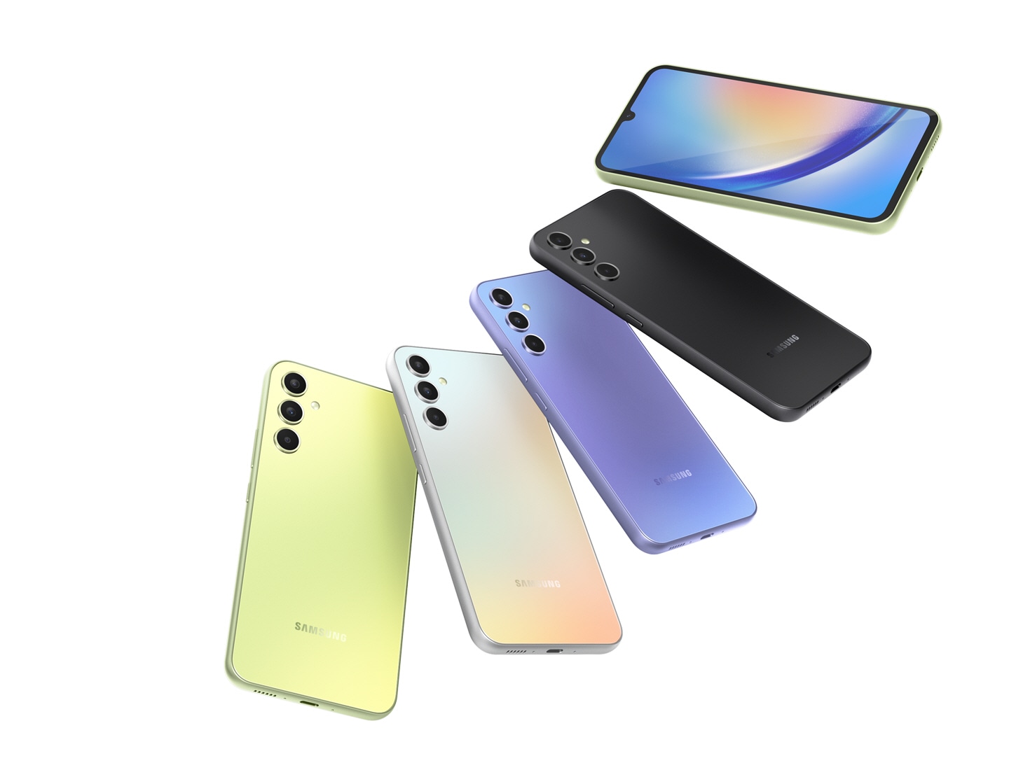 Five Galaxy A34 5G devices are fanned out. Four devices in Awesome Lime, Awesome Silver, Awesome Violet and Awesome Graphite show their backsides while the top most device, in Awesome Lime, shows the screen.