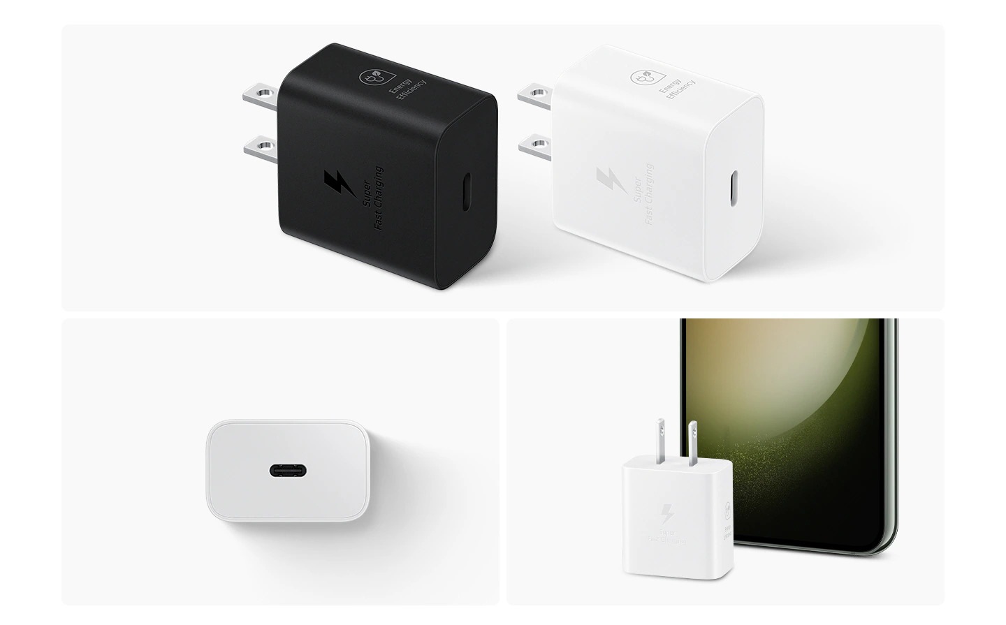 En la parte superior se muestran dos adaptadores de corriente, en blanco y negro. En la parte inferior izquierda, un adaptador de corriente blanco muestra el lado con el puerto USB-C. En la parte inferior derecha, se coloca un adaptador de corriente blanco frente a un teléfono inteligente Galaxy.