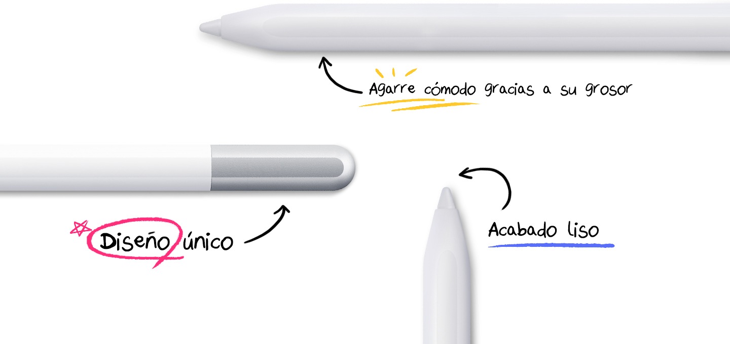 Three S Pen Creator Edition devices are shown. One device is zoomed in on its pen body with a text "Thicker body for a comfortable grip". Another device is zoomed in on its cap with a text "Unique design". The other device is zoomed in on its pen tip with a text "Seamless design of pen tip and body".
