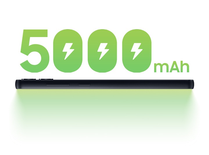 Se muestra una vista lateral horizontal del Galaxy A05 con '5000 mAh' sobre él en letras verdes grandes.