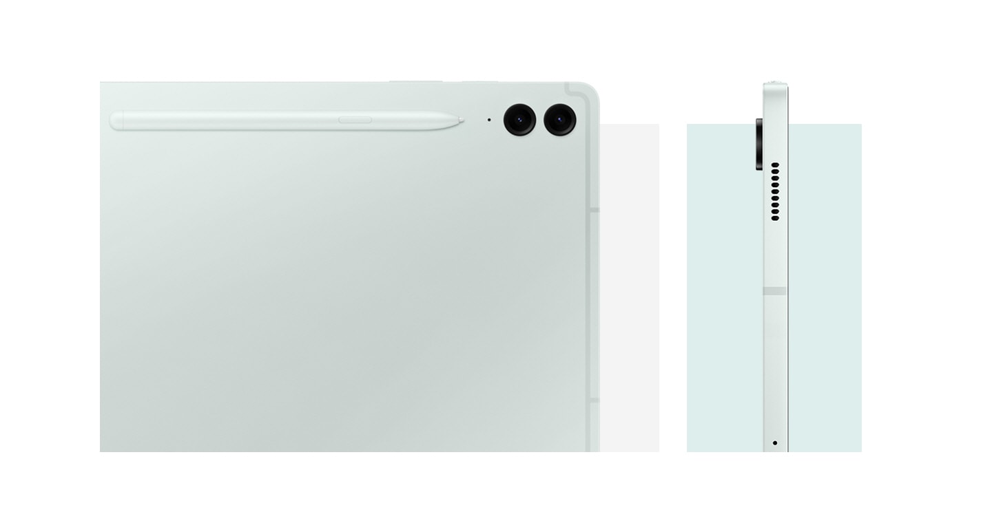 Primer plano de la parte posterior de la Galaxy Tab S9 FE+ en Mint, que muestra el diseño posterior, el sistema de cámara y el S Pen acoplado. Otra Galaxy Tab S9 FE+ en Mint se ve desde un costado, mostrando el diseño.