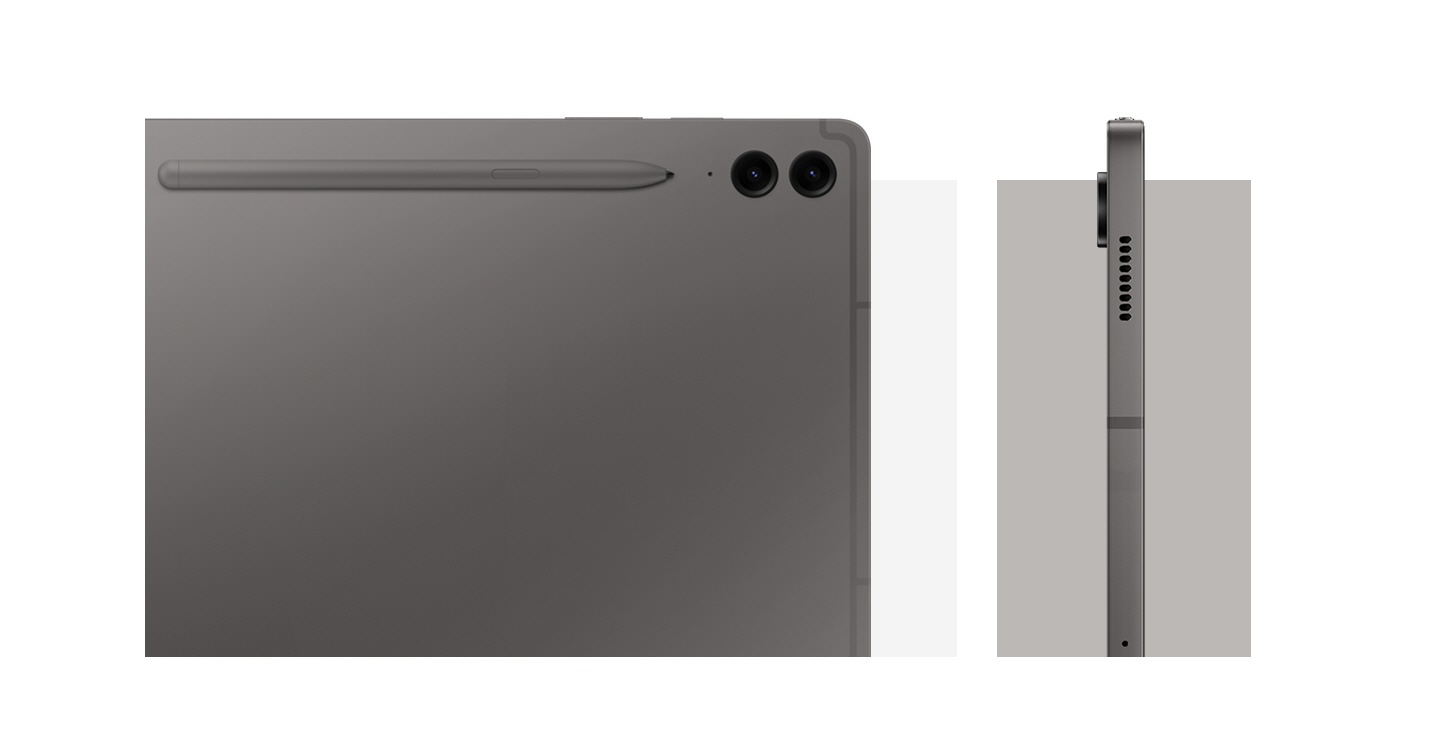 Primer plano de la parte posteriorde la Galaxy Tab S9 FE+ en Gray que muestra el diseño posterior, el sistema de cámara y el S Pen acoplado. Otra Galaxy Tab S9 FE+ en Gray vista lateralmente para mostrar el diseño.