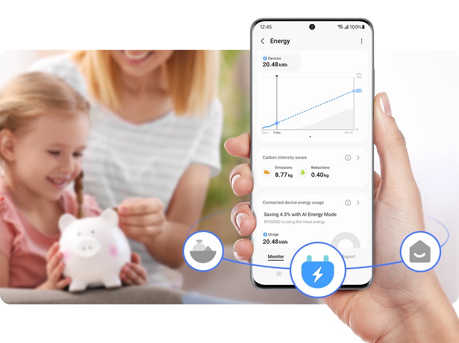 Una persona está usando SmartThings Energy y verifica el uso de energía. 