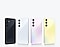 Cuatro teléfonos inteligentes Samsung en fila y en varios colores: Azul asombroso, Azul hielo asombroso, Púrpura asombroso y Limón asombroso. Cada smartphone cuenta con una disposición de 3 cámaras en la parte posterior.