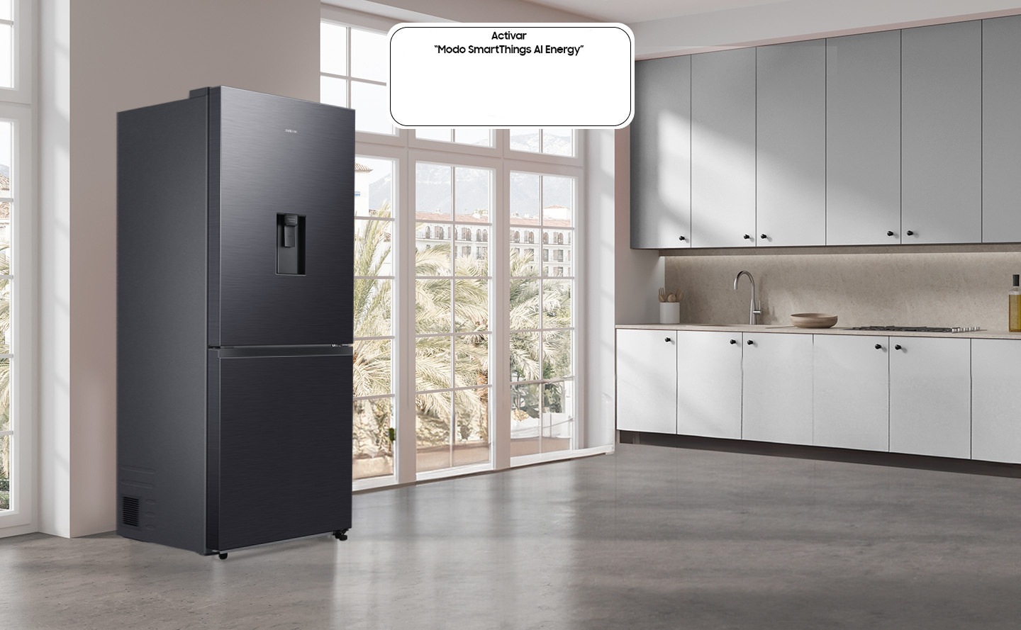 RB6000D instalado en la cocina con el botón Activar "Modo de energía de AI SmartThings" en el estado APAGADO.