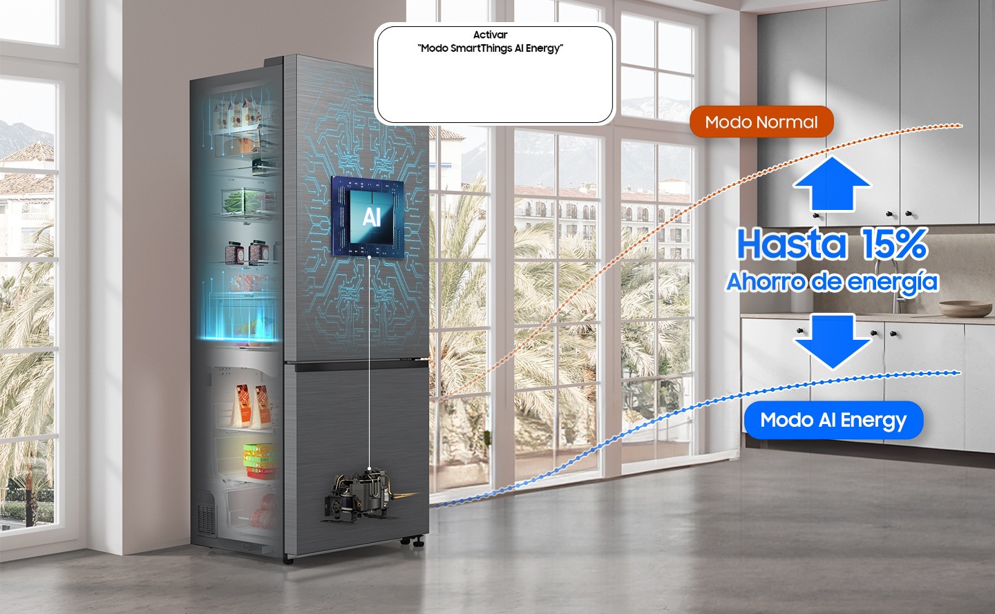 RB6000D instalado en la cocina con el botón Activar "Modo de energía de AI SmartThings" en el estado APAGADO.