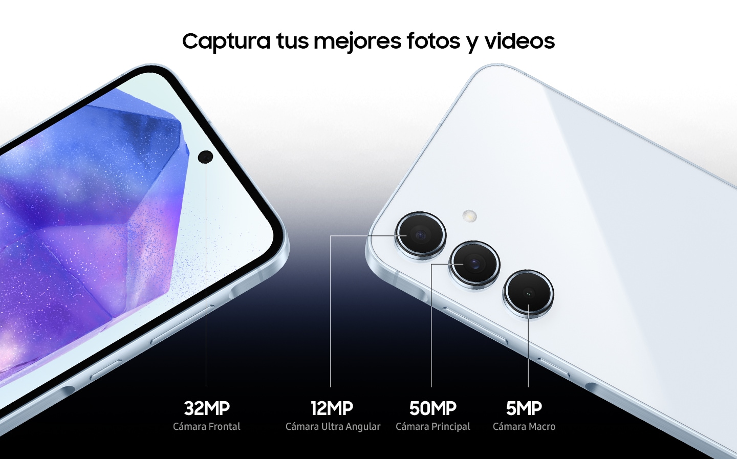 Primer plano de la sección superior de dos dispositivos Galaxy A55 5G que muestran la cámara frontal de selfie de 32 MP, una cámara ultraancha de 12 MP, una cámara de ángulo amplio de 50 MP y una cámara macro de 5 MP.