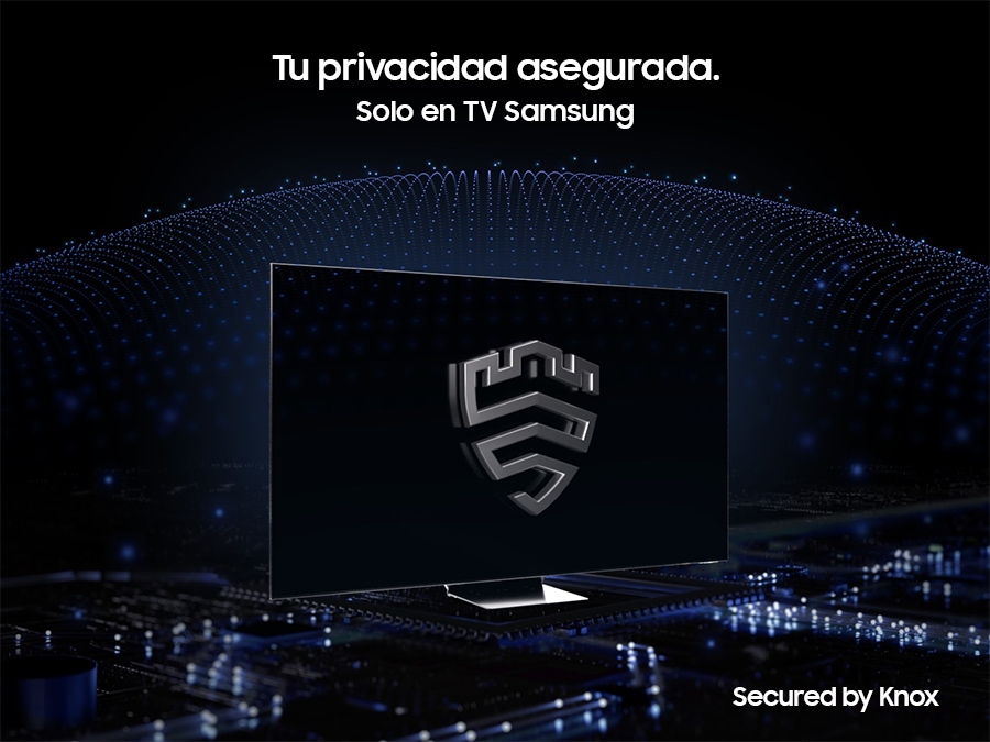 Una solución de seguridad multicapa está creando un gabinete en forma de domo detrás de un TV asegurado por Knox. La pantalla cuenta con el emblema de Samsung Knox. En la parte superior se muestra el texto Su privacidad. Garantizado. Solo en el TV Samsung.