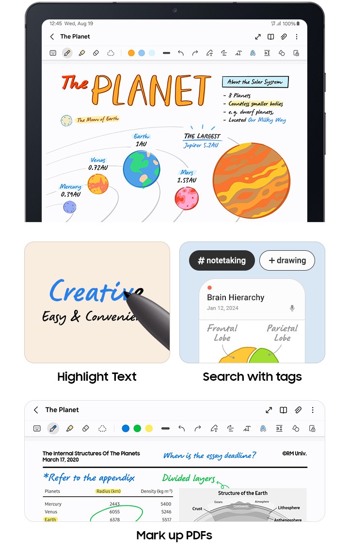 En la Galaxy Tab S6 Lite se muestra a pantalla completa un colorido boceto del Sistema Solar con planetas y la Luna, hecho con el S Pen, con notas en colores y texto resaltado. Las tres funciones del S Pen se muestran por separado: texto resaltado, búsqueda mediante etiquetas y marcar archivos PDF.