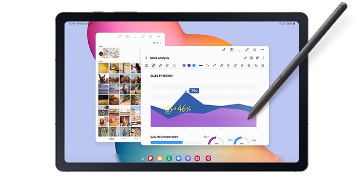 Una Galaxy Tab S6 Lite con varias imágenes en la pantalla que se están editando con un Galaxy S Pen.
