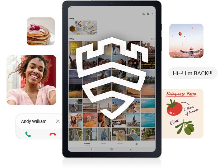 Un dispositivo Galaxy Tab S6 Lite con el logotipo de Samsung Knox que cubre la pantalla en la parte superior de una cuadrícula de fotos. Alrededor del dispositivo hay dispersos, personas, alimentos, notas, mensajes de texto y contactos para mostrar que todo el contenido del dispositivo está protegido.