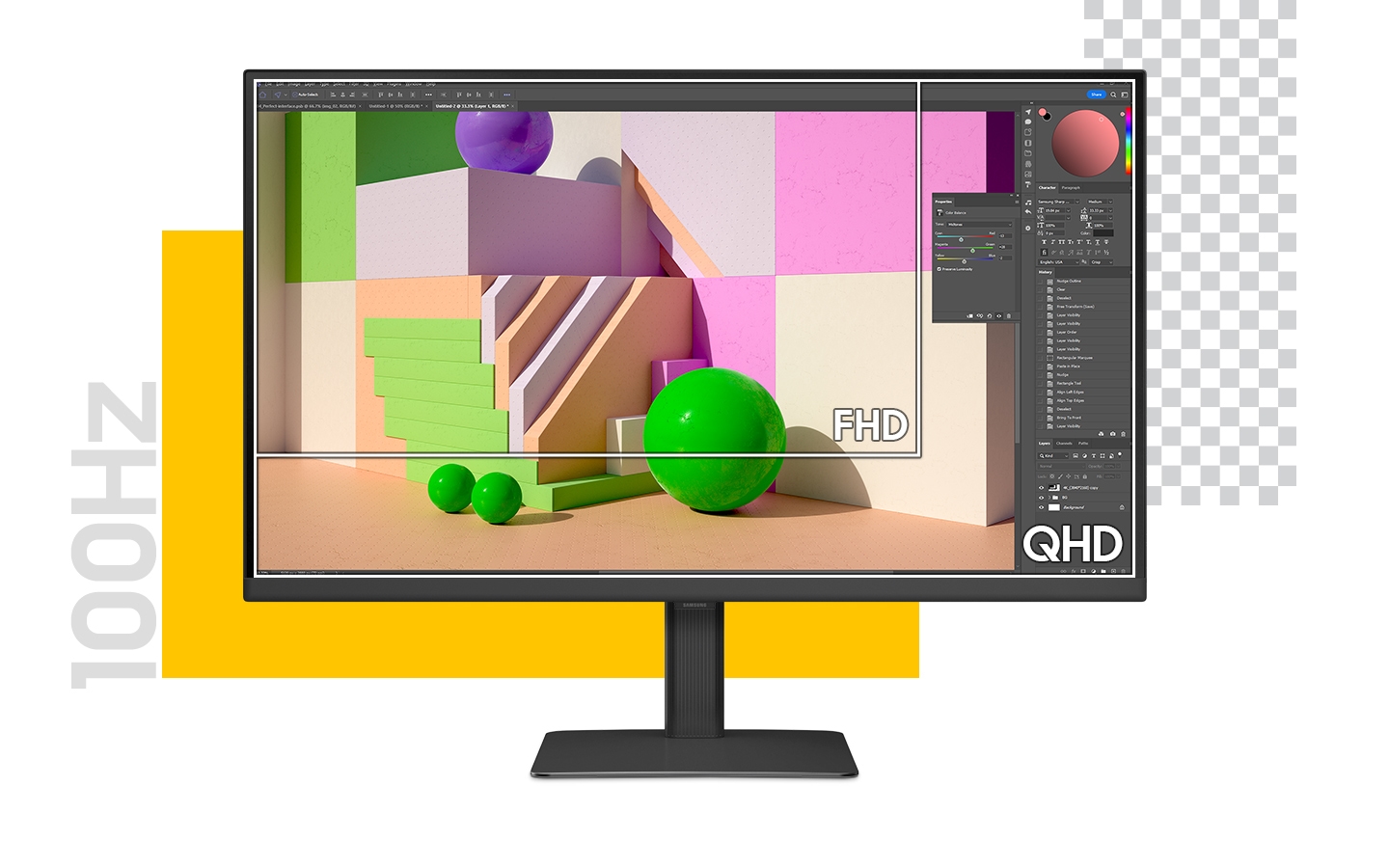 El monitor se muestra con un software de edición de fotografías, editando una imagen de bolas y bloques de colores. Un cuadrado en el interior delinea parte de la imagen, con el texto “FHD”, lo que muestra que FHD solo mostraría parte de la pantalla. El texto “QHD” se encuentra en la parte inferior derecha del monitor, mostrando que el tamaño completo es QHD.  Fuera del monitor, se lee el texto “100 Hz”.