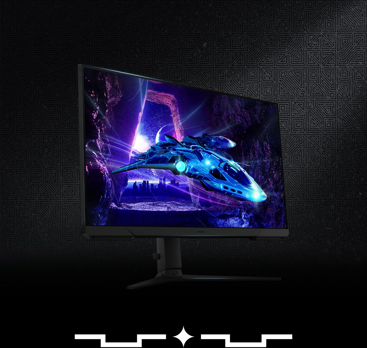 Se muestra un monitor Odyssey parado sobre una superficie con una nave espacial volando lejos de una escena nocturna de la ciudad, a través de una cueva.