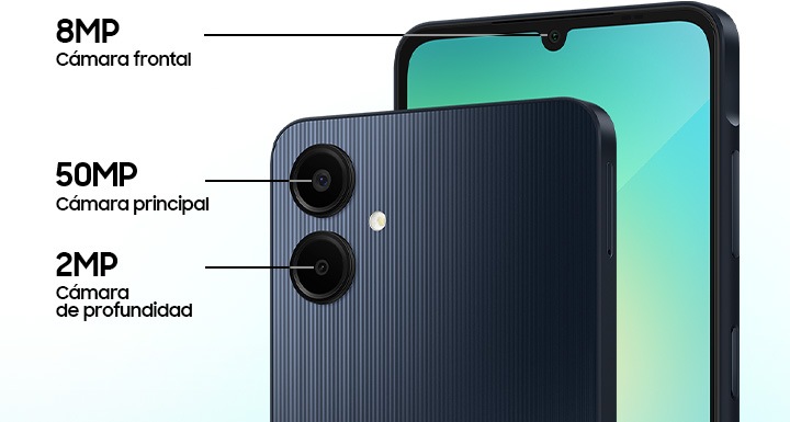 Las especificaciones de la cámara del Galaxy A06 indican “cámara frontal de 8 MP”, “cámara principal de 50 MP” y “cámara de profundidad de 2 MP”.