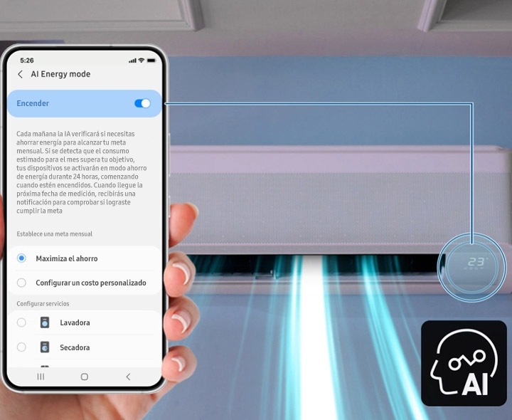 It shows setting up 'AI Energy Mode' using a remote control and cell phone along with the AI logo.