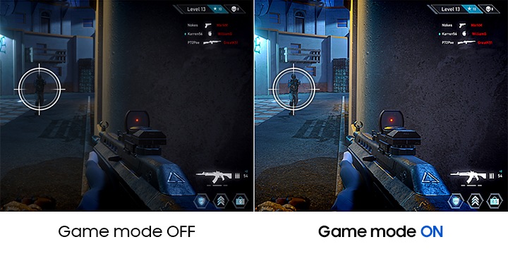 The same game screen is being compared from side to side. While the image on the left with Game Mode off is dark and the opposite enemy is hard to be found, the enemy can be found easily in the image on the right with Game Mode on.