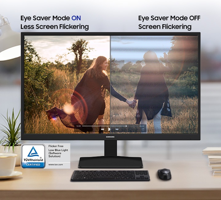There is a monitor and its screen is divided in half. The right side flickers and emits blue light since the Eye Saver Mode is off. The left side is less flickering and does not emit blue light as its Eye Saver Mode is on. Above it, there is a TUV certification logo for Flicker Free and Low Blue Light(Software Solution) with www.tuv.com.
