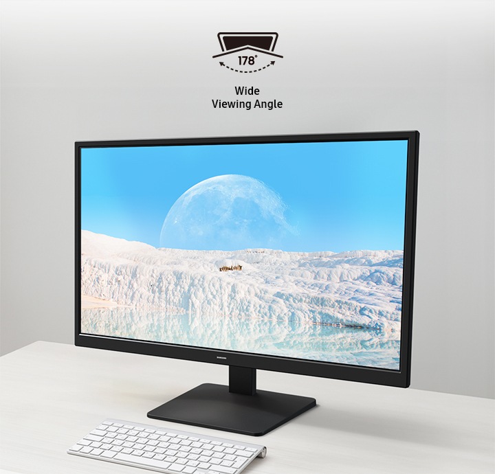 There is an Essential Monitor S3 with a landscape with snow on its screen. Above the monitor, there is a wide viewing angle icon that represents 178º viewing angle.