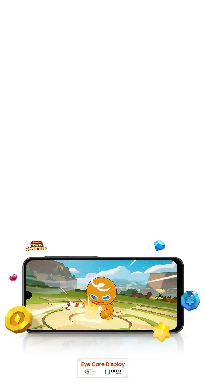 Un dispositivo Galaxy A26 5G ejecutando el juego para móviles Cookie Run en modo horizontal. Los elementos del juego están repartidos por la pantalla. Cerca están el logotipo de COOKIE RUN TOWER OF ADVENTURES y el logotipo de Eye Care Display y tecnología OLED.