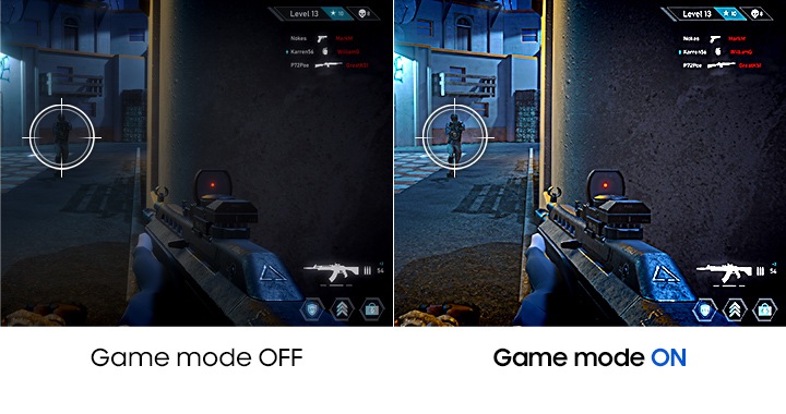 The same game screen is being compared from side to side. While the image on the left with Game Mode off is dark and the opposite enemy is hard to be found, the enemy can be found easily in the image on the right with Game Mode on.