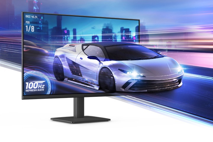 There is a racing car on a monitor which represents the 100Hz refresh rate.