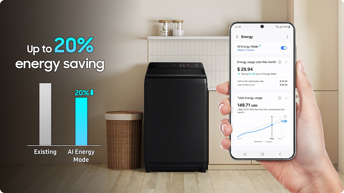 AI Energy Mode. Reduces energy consumption. A person is using the SmartThings app on their smartphone and AI Energy Mode is activated. It simply connects and easily control your devices with SmartThings. It controls the motor efficiently through algorithm optimization. The transparent washing machine shows that laundry is being washed in the drum. AI Energy Mode saves up to 20% of energy than existing.