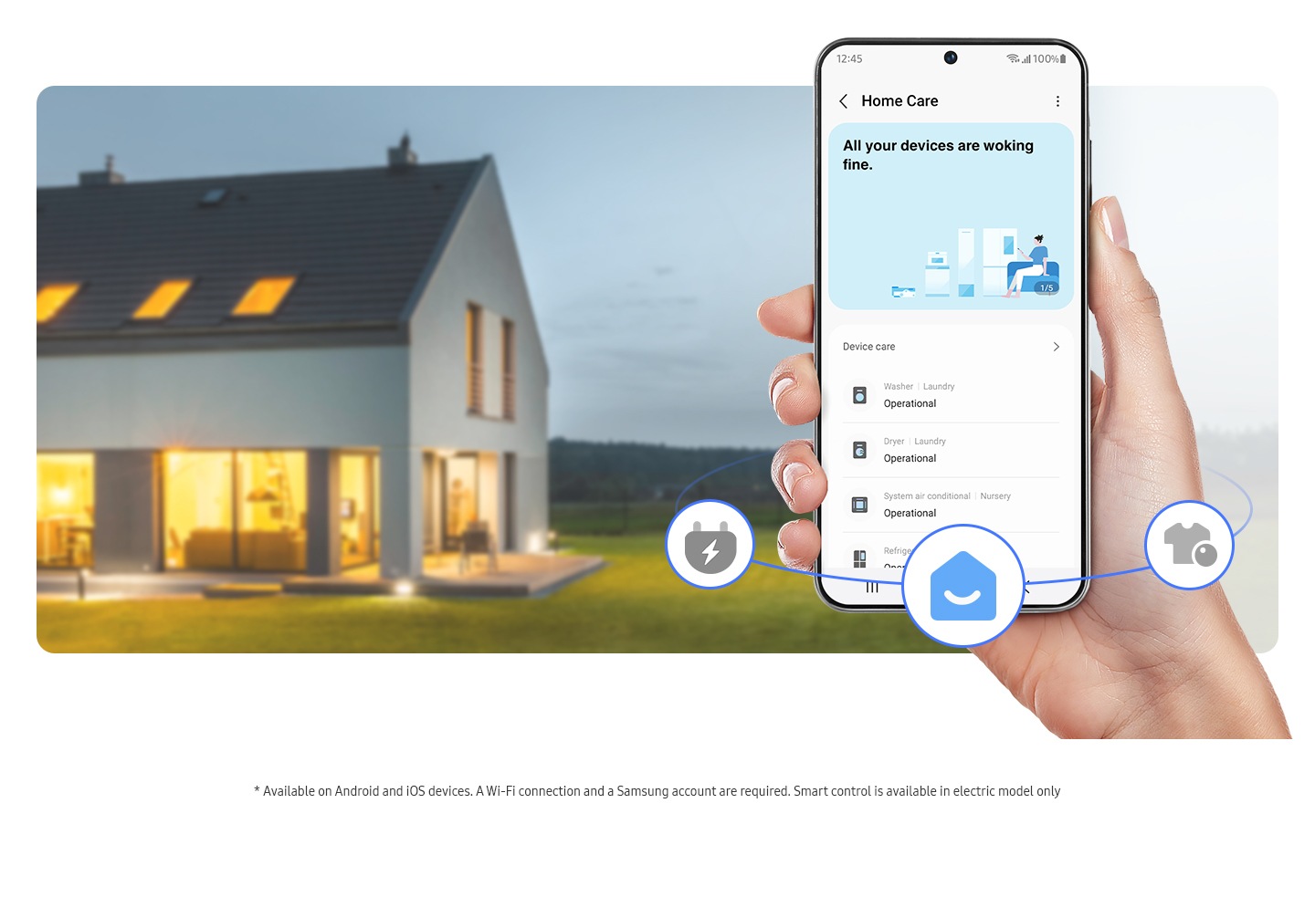 A person is using the SmartThings Home Care and takes care of the operation of the device. * Available on Android and iOS devices. A Wi-Fi connection and a Samsung account are required. Smart control is available in electric model only.